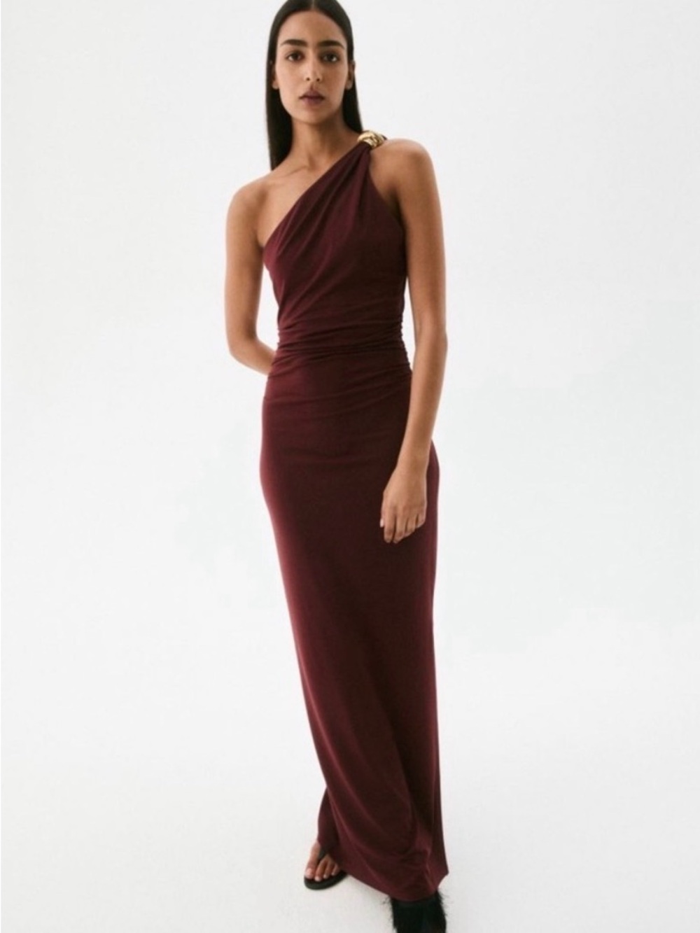H&M One-Shoulder Wine Red Evening Gown with Gold Accent